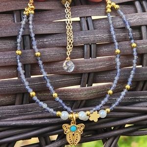 Tanzanite double layer slider bead bracelet - butterly / flower charms gold tone